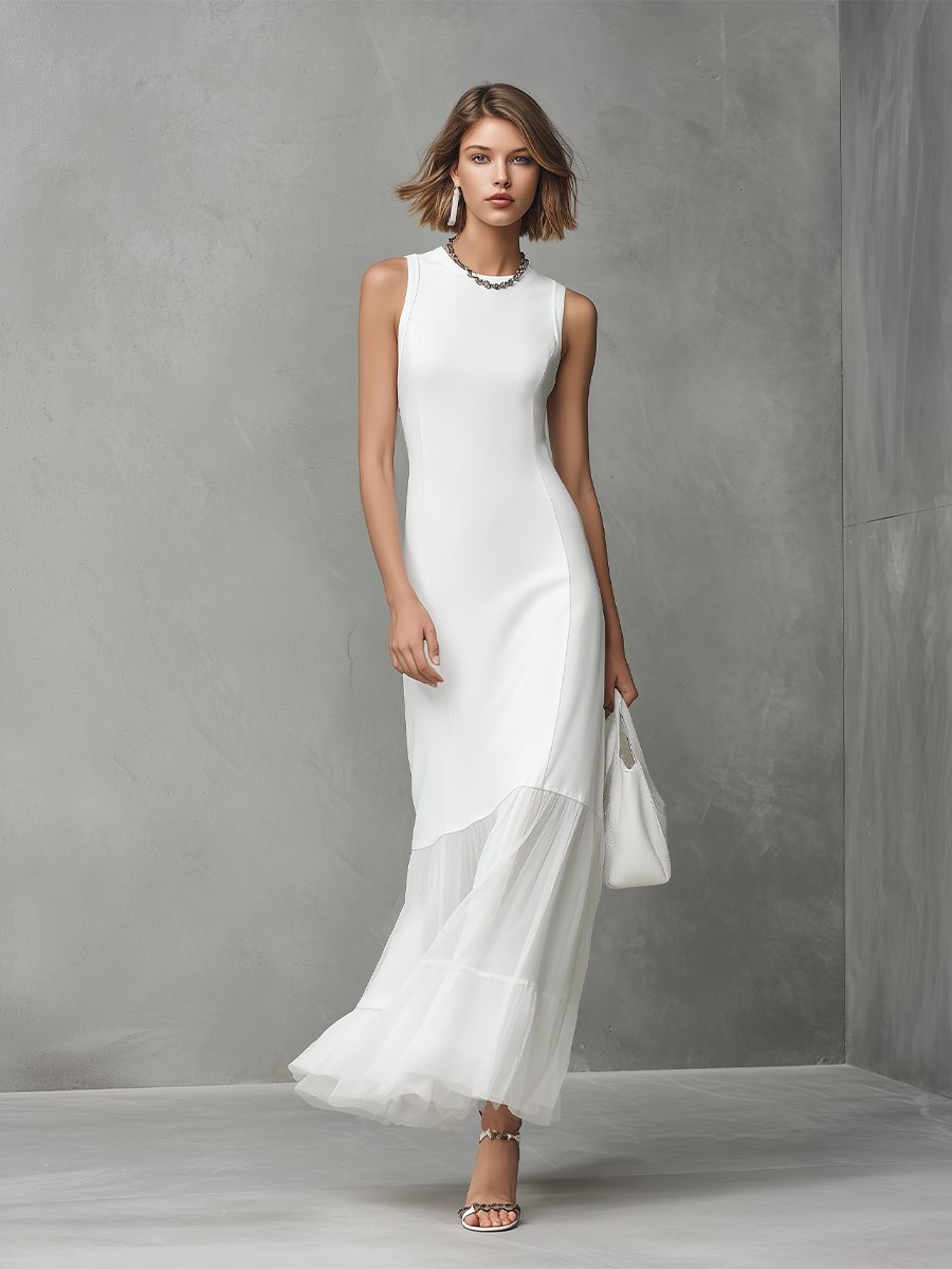 Women's White Maxi Dress with Sheer Tiered Hem and High Neck - Maisie London