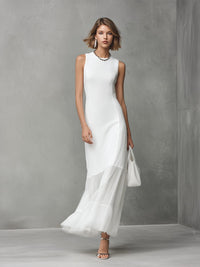 Women's White Maxi Dress with Sheer Tiered Hem and High Neck - Maisie London