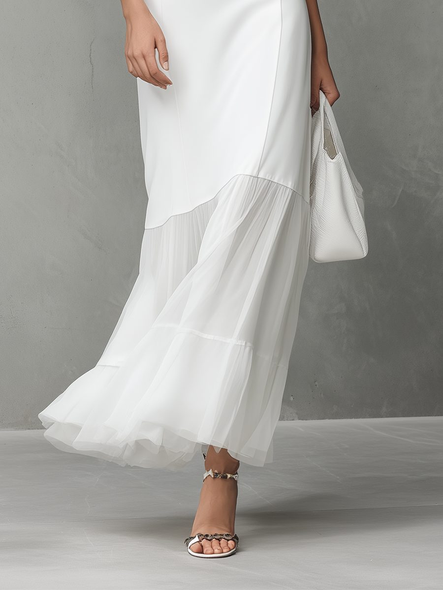 Women's White Maxi Dress with Sheer Tiered Hem and High Neck - Maisie London