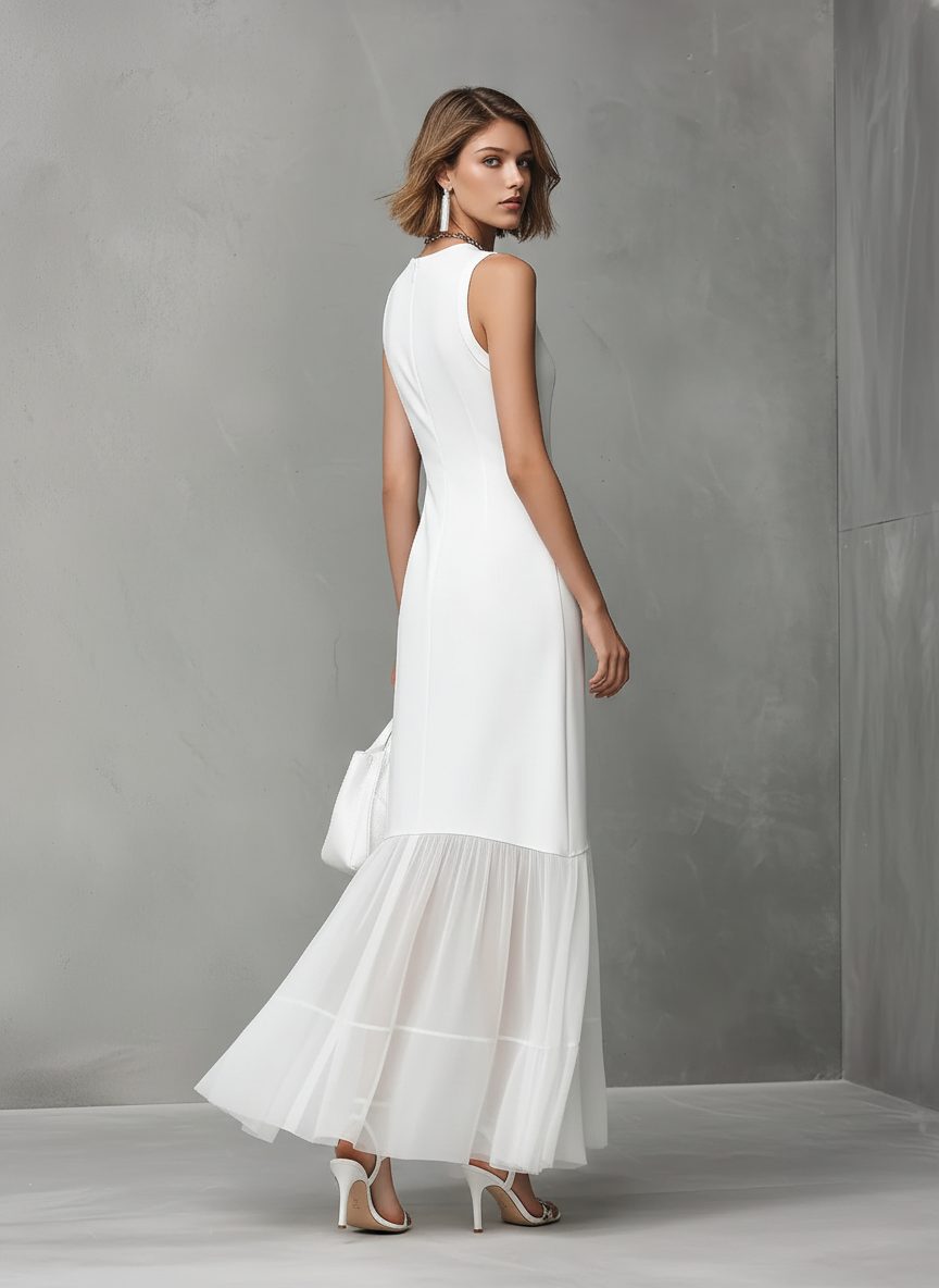 Women's White Maxi Dress with Sheer Tiered Hem and High Neck - Maisie London