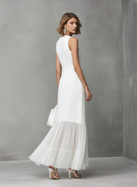 Women's White Maxi Dress with Sheer Tiered Hem and High Neck - Maisie London