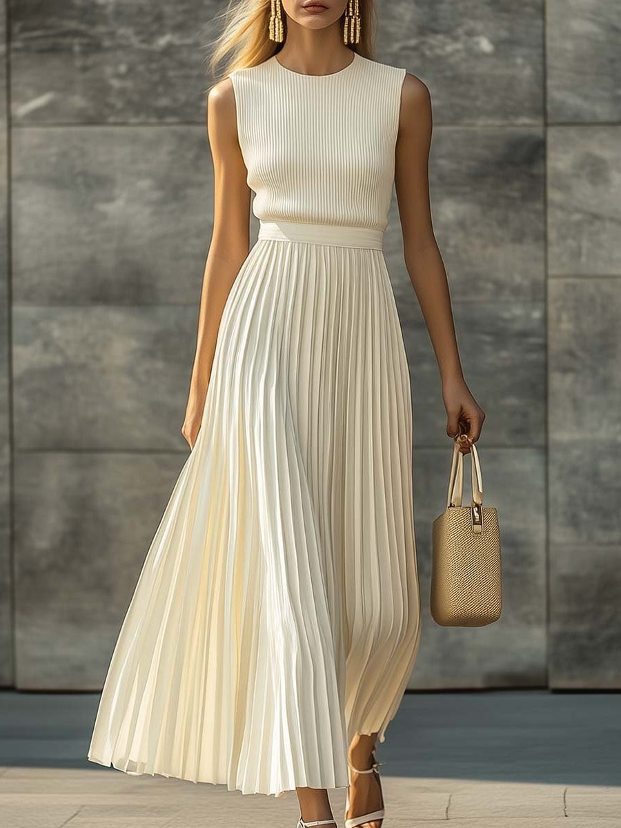 Women's Cream Pleated Maxi Dress with Ribbed Bodice and Crew Neck - Maisie London