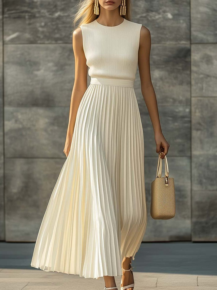 Women's Cream Pleated Maxi Dress with Ribbed Bodice and Crew Neck - Maisie London