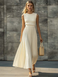 Women's Cream Pleated Maxi Dress with Ribbed Bodice and Crew Neck - Maisie London