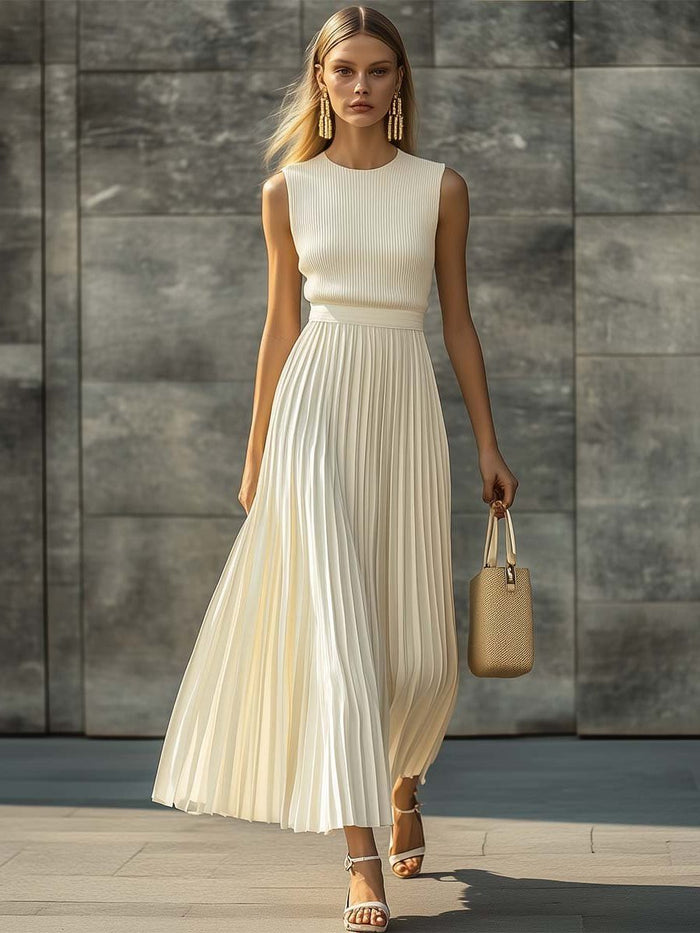 Women's Cream Pleated Maxi Dress with Ribbed Bodice and Crew Neck - Maisie London