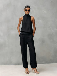 Women's Linen-Look Straight-Leg Trouser Set with Sleeveless Roll Neck - Maisie London