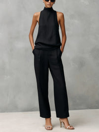 Women's Linen-Look Straight-Leg Trouser Set with Sleeveless Roll Neck - Maisie London