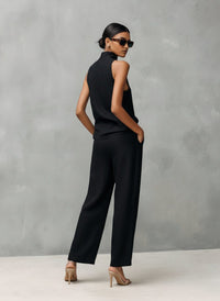 Women's Linen-Look Straight-Leg Trouser Set with Sleeveless Roll Neck - Maisie London