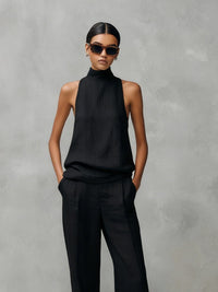 Women's Linen-Look Straight-Leg Trouser Set with Sleeveless Roll Neck - Maisie London