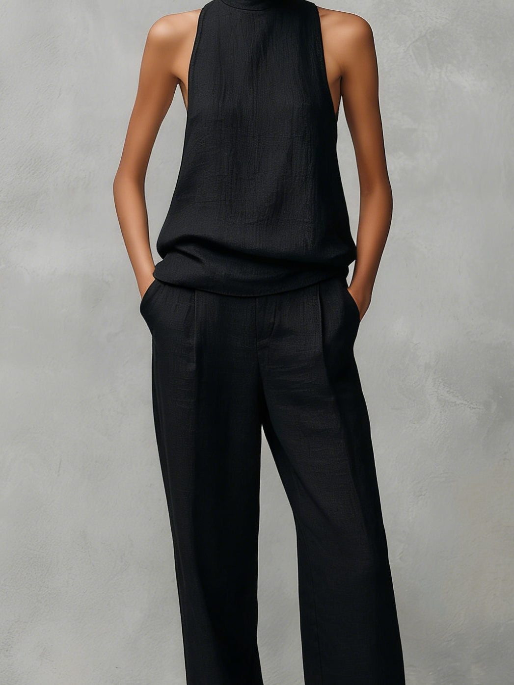 Women's Linen-Look Straight-Leg Trouser Set with Sleeveless Roll Neck - Maisie London