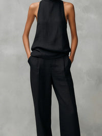 Women's Linen-Look Straight-Leg Trouser Set with Sleeveless Roll Neck - Maisie London