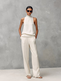 Women's Linen-Look Straight-Leg Trouser Set with Sleeveless Roll Neck - Maisie London