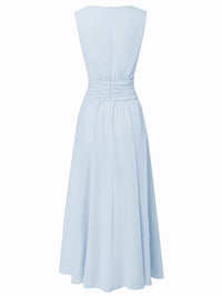 Women's Chiffon A-Line Maxi Dress with Ruched Waist and Crew Neck - Maisie London