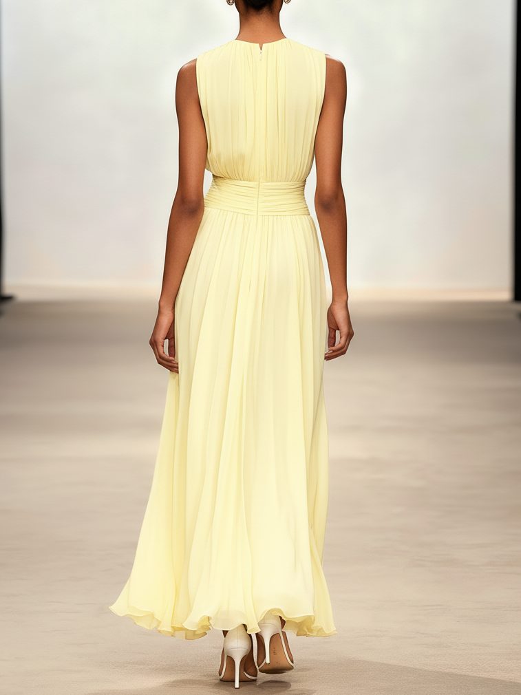 Women's Chiffon A-Line Maxi Dress with Ruched Waist and Crew Neck - Maisie London