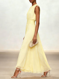 Women's Chiffon A-Line Maxi Dress with Ruched Waist and Crew Neck - Maisie London