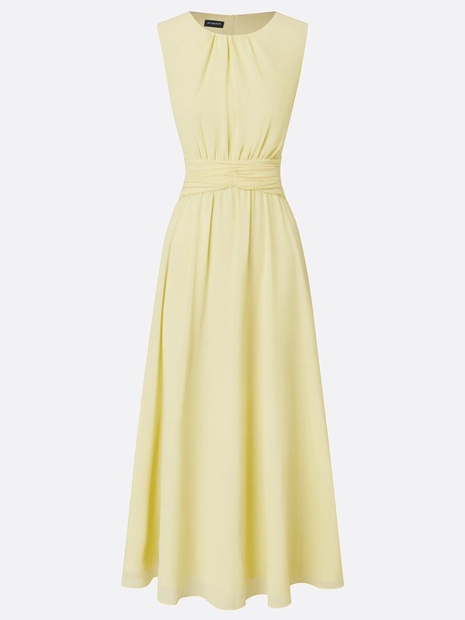 Women's Chiffon A-Line Maxi Dress with Ruched Waist and Crew Neck - Maisie London