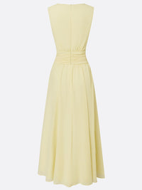 Women's Chiffon A-Line Maxi Dress with Ruched Waist and Crew Neck - Maisie London