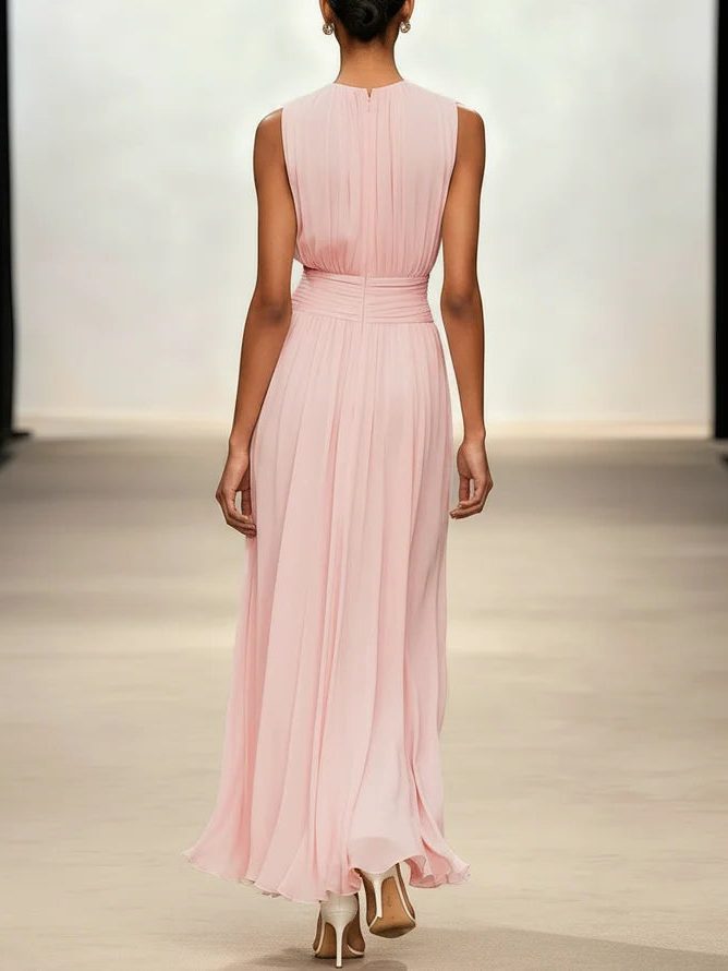 Women's Chiffon A-Line Maxi Dress with Ruched Waist and Crew Neck - Maisie London
