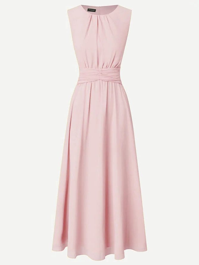 Women's Chiffon A-Line Maxi Dress with Ruched Waist and Crew Neck - Maisie London