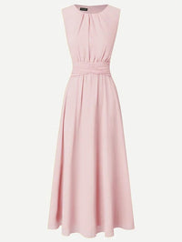 Women's Chiffon A-Line Maxi Dress with Ruched Waist and Crew Neck - Maisie London