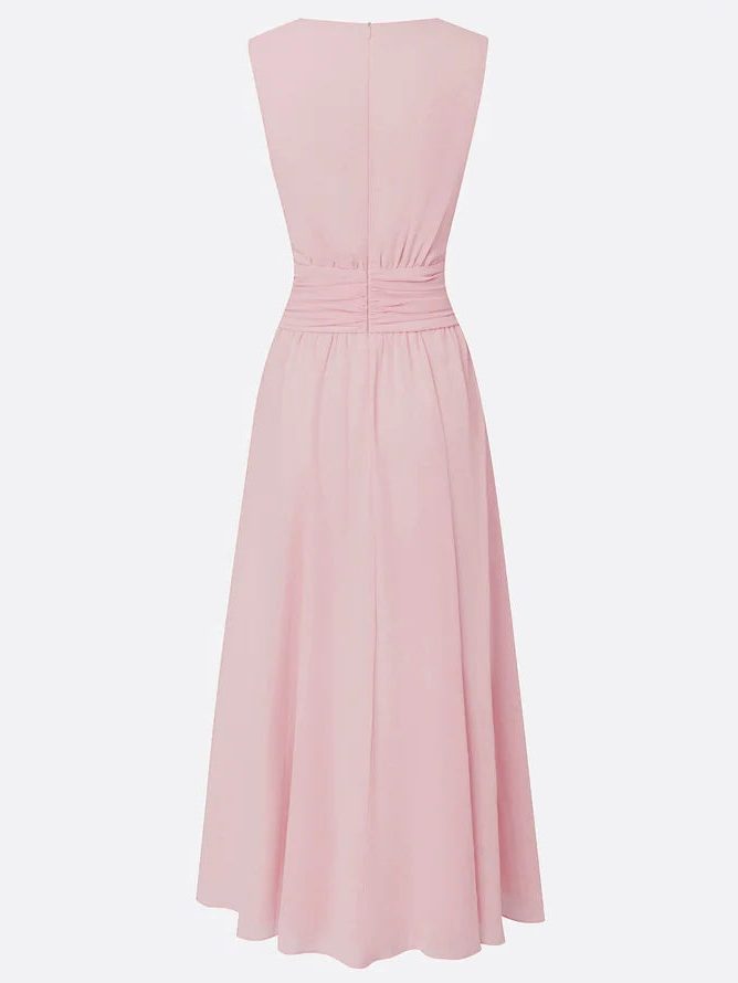 Women's Chiffon A-Line Maxi Dress with Ruched Waist and Crew Neck - Maisie London