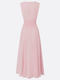 Women's Chiffon A-Line Maxi Dress with Ruched Waist and Crew Neck - Maisie London