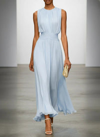 Women's Chiffon A-Line Maxi Dress with Ruched Waist and Crew Neck - Maisie London
