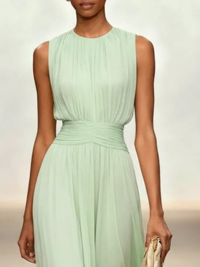 Women's Chiffon A-Line Maxi Dress with Ruched Waist and Crew Neck - Maisie London