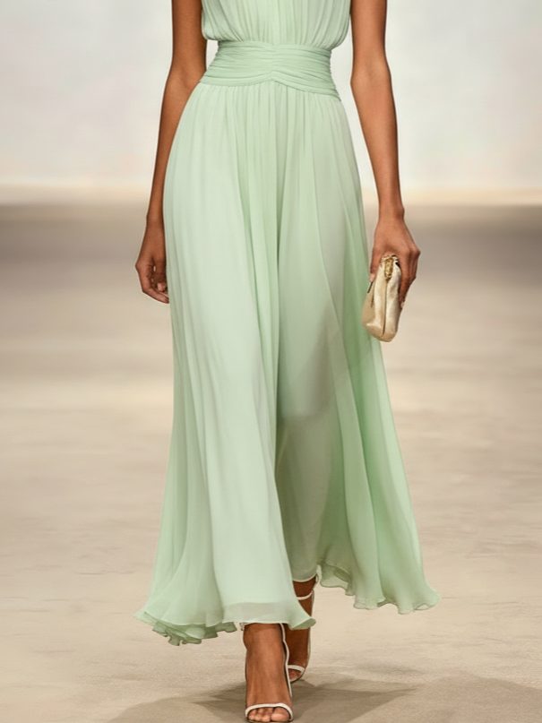 Women's Chiffon A-Line Maxi Dress with Ruched Waist and Crew Neck - Maisie London