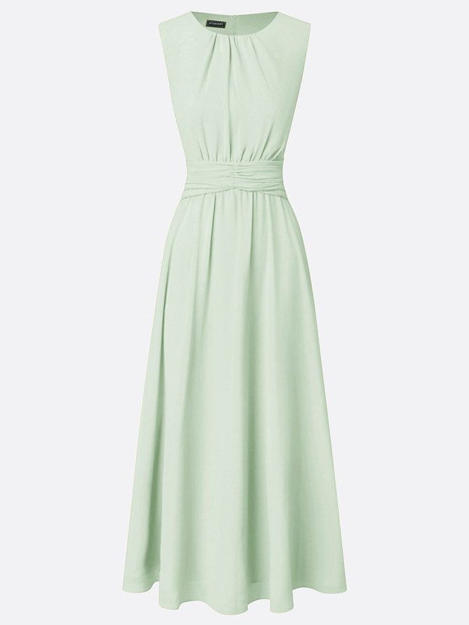 Women's Chiffon A-Line Maxi Dress with Ruched Waist and Crew Neck - Maisie London
