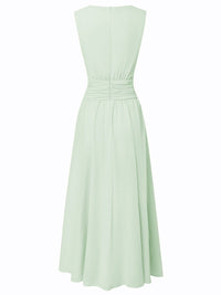 Women's Chiffon A-Line Maxi Dress with Ruched Waist and Crew Neck - Maisie London