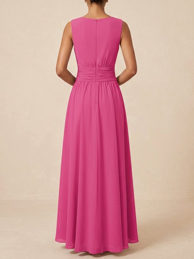 Women's Chiffon A-Line Maxi Dress with Ruched Waist and Crew Neck - Maisie London