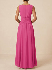 Women's Chiffon A-Line Maxi Dress with Ruched Waist and Crew Neck - Maisie London