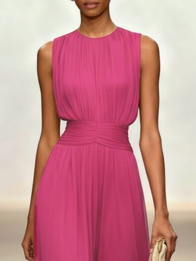 Women's Chiffon A-Line Maxi Dress with Ruched Waist and Crew Neck - Maisie London