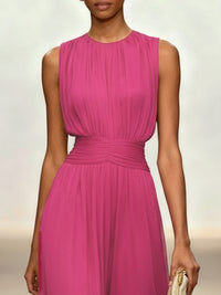 Women's Chiffon A-Line Maxi Dress with Ruched Waist and Crew Neck - Maisie London