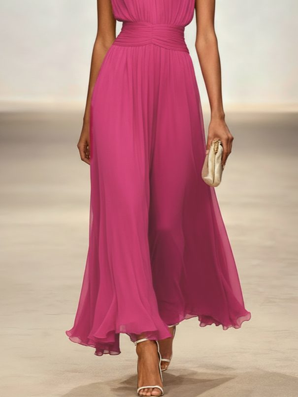 Women's Chiffon A-Line Maxi Dress with Ruched Waist and Crew Neck - Maisie London