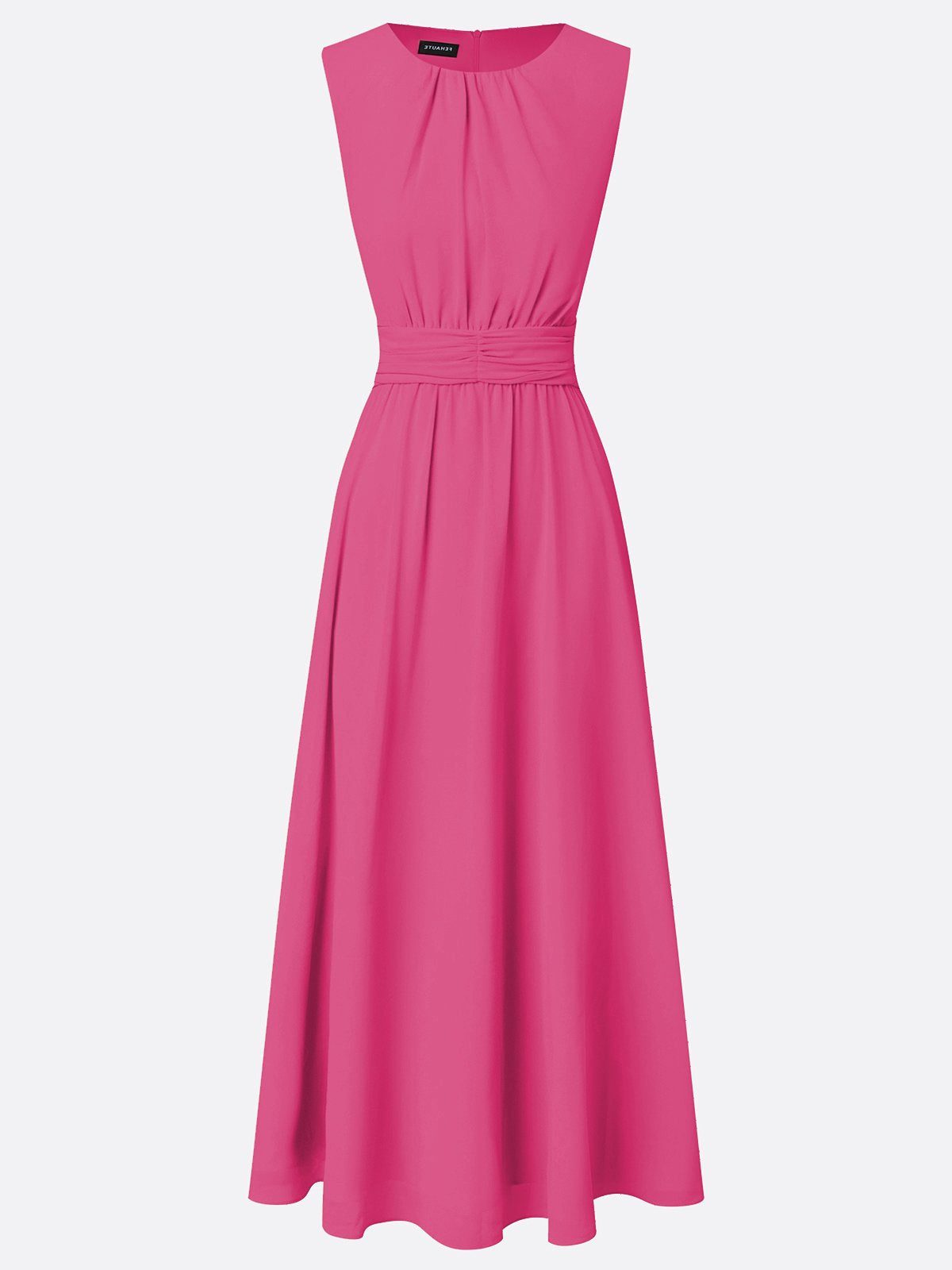 Women's Chiffon A-Line Maxi Dress with Ruched Waist and Crew Neck - Maisie London