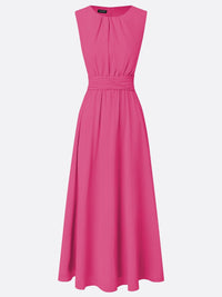 Women's Chiffon A-Line Maxi Dress with Ruched Waist and Crew Neck - Maisie London