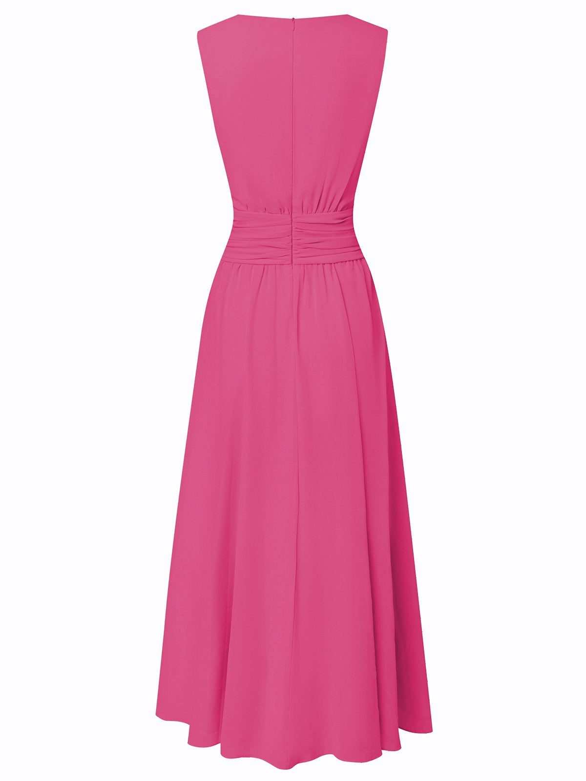 Women's Chiffon A-Line Maxi Dress with Ruched Waist and Crew Neck - Maisie London