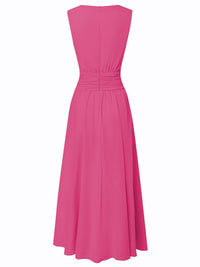 Women's Chiffon A-Line Maxi Dress with Ruched Waist and Crew Neck - Maisie London