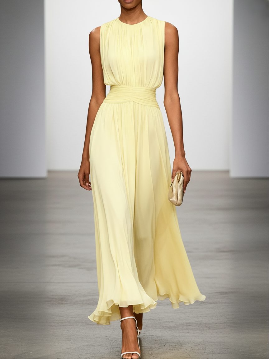Women's Chiffon A-Line Maxi Dress with Ruched Waist and Crew Neck - Maisie London