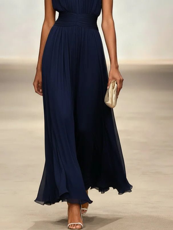 Women's Chiffon A-Line Maxi Dress with Ruched Waist and Crew Neck - Maisie London