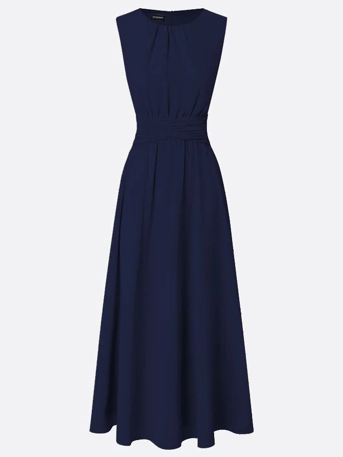 Women's Chiffon A-Line Maxi Dress with Ruched Waist and Crew Neck - Maisie London