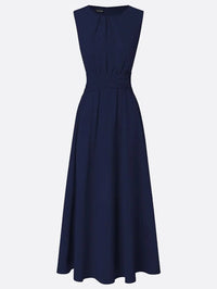 Women's Chiffon A-Line Maxi Dress with Ruched Waist and Crew Neck - Maisie London