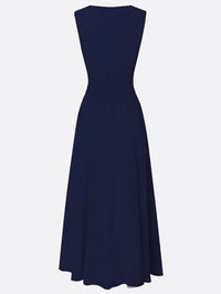 Women's Chiffon A-Line Maxi Dress with Ruched Waist and Crew Neck - Maisie London