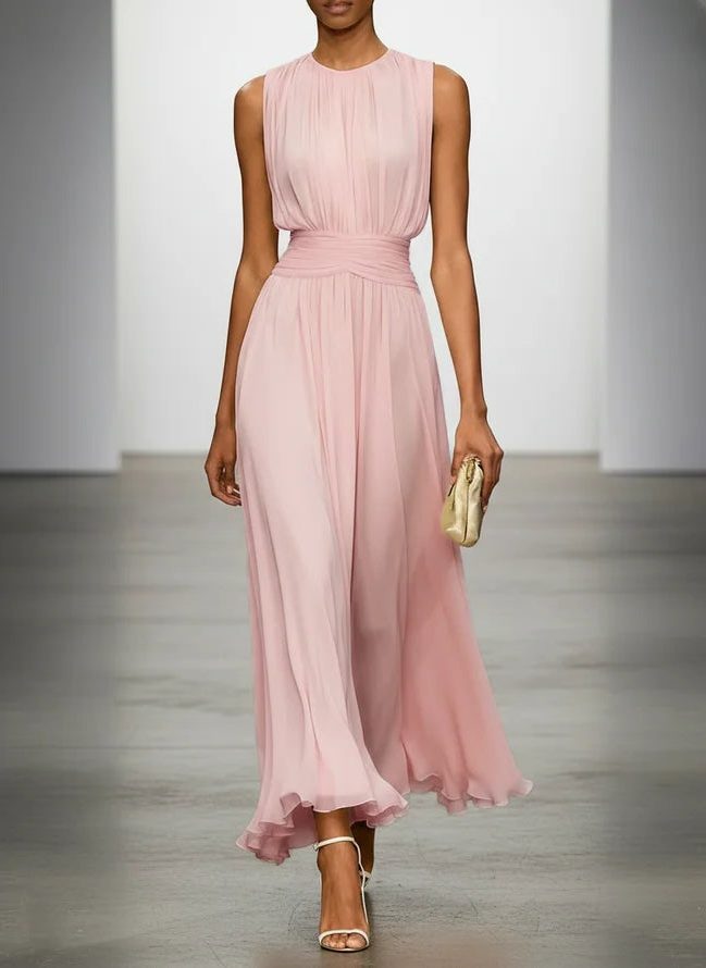 Women's Chiffon A-Line Maxi Dress with Ruched Waist and Crew Neck - Maisie London