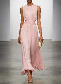 Women's Chiffon A-Line Maxi Dress with Ruched Waist and Crew Neck - Maisie London