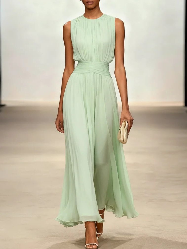 Women's Chiffon A-Line Maxi Dress with Ruched Waist and Crew Neck - Maisie London