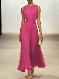Women's Chiffon A-Line Maxi Dress with Ruched Waist and Crew Neck - Maisie London