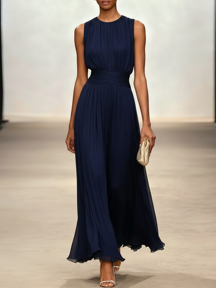 Women's Chiffon A-Line Maxi Dress with Ruched Waist and Crew Neck - Maisie London